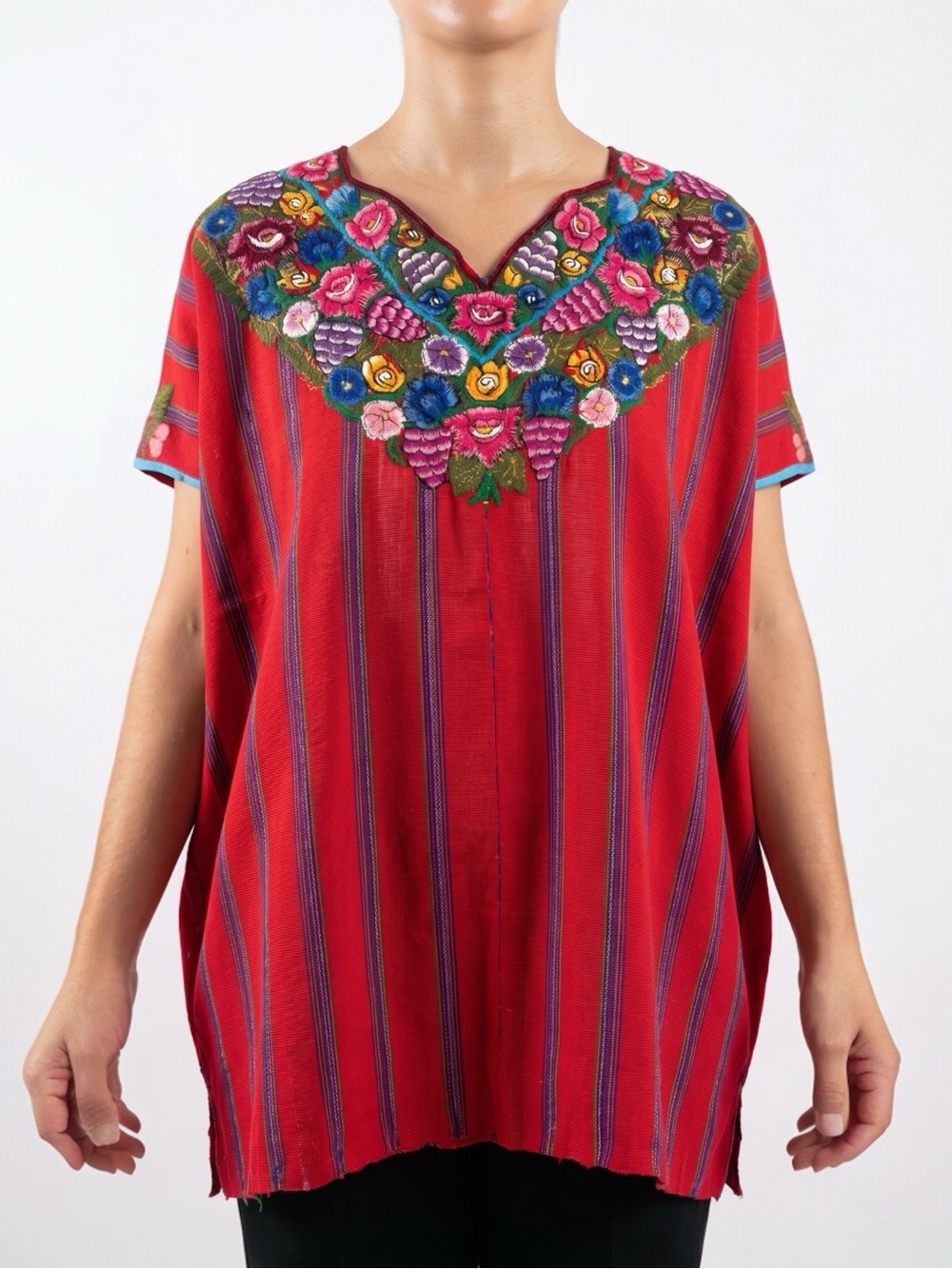 Vintage Handwoven Patzun Huipil Floral Embroidered Guatemalan Poncho Tunic